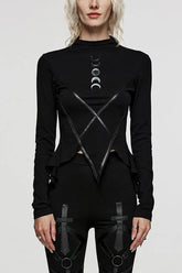 T-shirt steampunk pour femmes à manches longues noires avec imprimé lune et coutures en cuir irrégulières